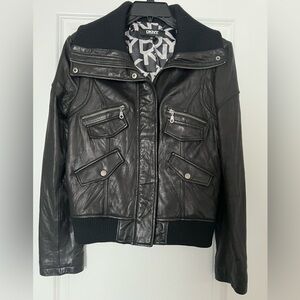 DKNY Women's Leather Bomber Jacket Black Sz M